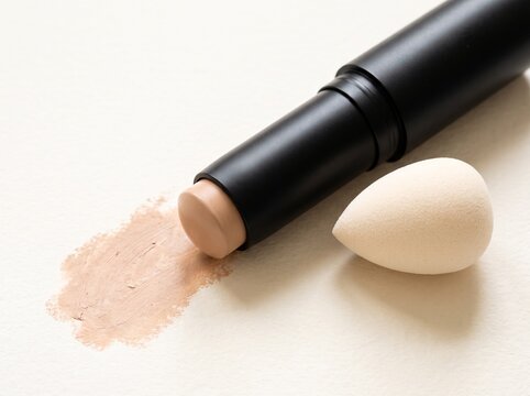 Cream foundation stick with a color swatch and a makeup sponge blender on a textured cream paper background. A flawless beauty concept.