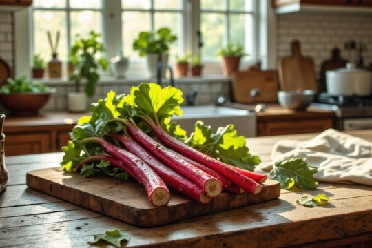 Frische Rubarb-Stangen und Bl&auml;tter auf einem rustikalen K&uuml;chentisch mit nat&uuml;rlichen Zutaten