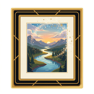 Framed landscape painting of a winding river flowing through a lush mountain valley at sunset