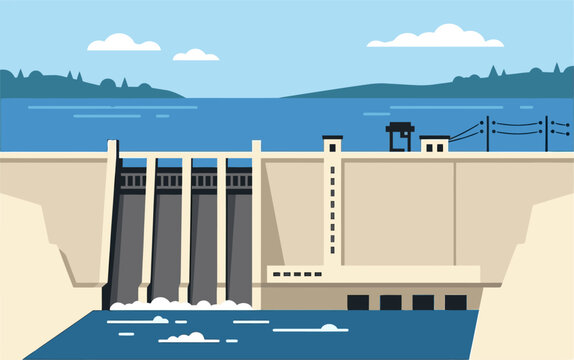 Modern flat vector illustration of a hydroelectric power dam