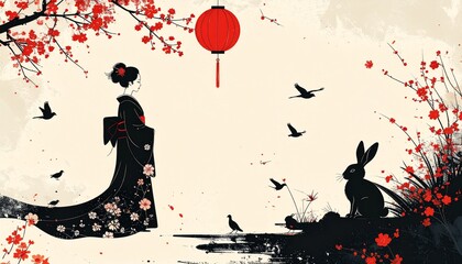 Fototapeta premium Sophisticated Japanese folklore illustration inspired by minimalist woodblock prints with a black kimono figure and red lantern