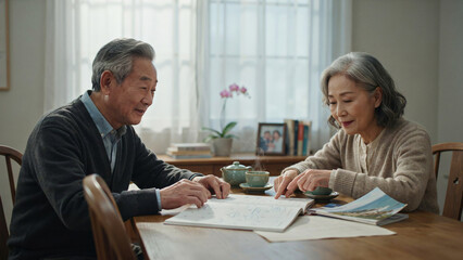 Fototapeta premium Senior Asian Couple Sharing Tea and Conversation at Home