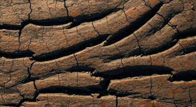 A close-up view of weathered, deeply cracked surface creating an intriguing abstract pattern of rugged, organic lines and shadows, material, unique, organic