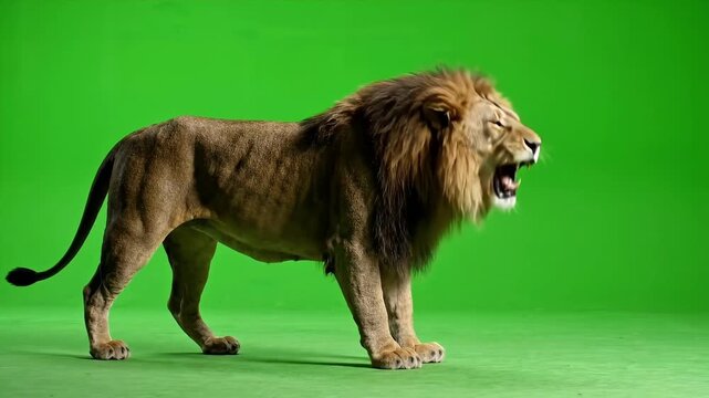 Majestic Lion Roaring and Walking on Green Screen for Easy Compositing.