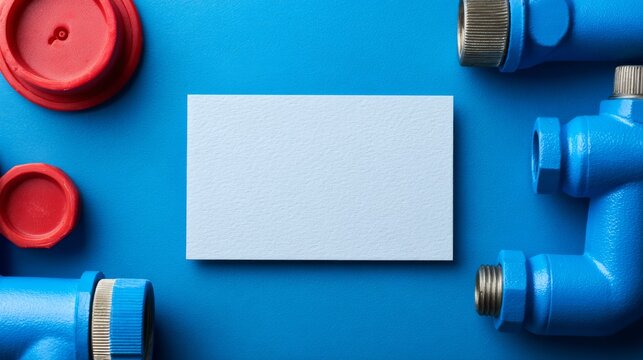 Professional plumber business card mockup with plumbing tools and accessories on blue background, clean service branding template, corporate stationery design, construction and home repair business co