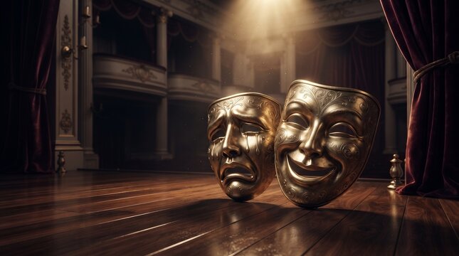 Golden comedy and tragedy theatre masks on a dark wooden stage in an old auditorium