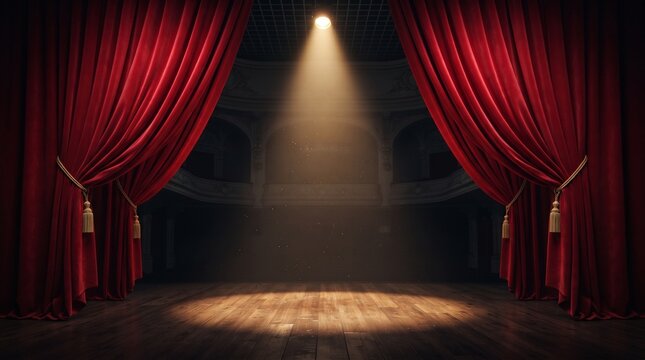 Red theatre curtains on a stage with a bright spotlight shining on wooden floorboards
