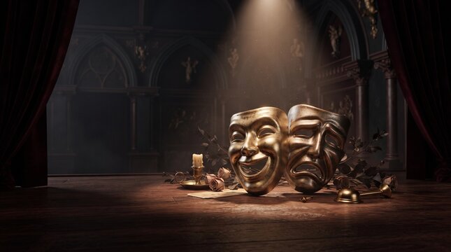 Golden comedy and tragedy theatre masks resting on a dark dramatic stage under spotlight