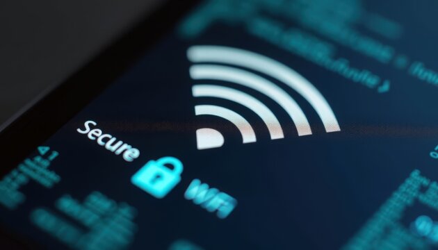 Secure wifi icon on smartphone screen with glowing lock and signal bars overlaid on blurred code, closeup showing cybersecurity concept, secure wifi connectivity and encrypted network protection,