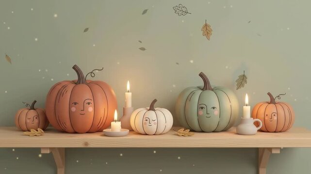 Cute stylized autumn pumpkins with friendly faces and lit candles on a wooden shelf, cozy fall home decor 3D illustration