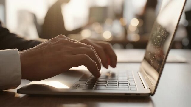 Close-up of a persons hands typing on a laptop keyboard in a bright office setting.