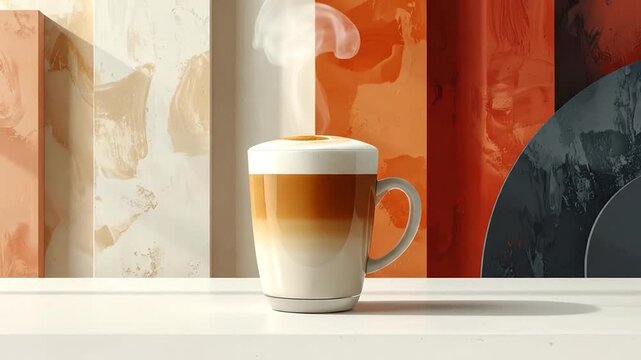 Layered coffee latte against modern geometric wall.