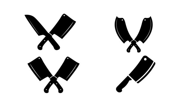 Four black butcher knives and cleavers are arranged in a crossed pattern on a white background, signifying culinary tools and food preparation.