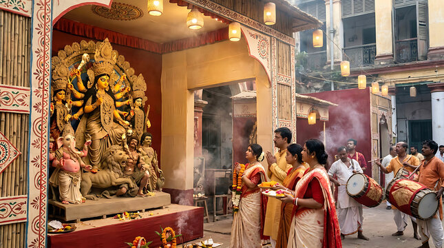 Devotees Performing Rituals Before Goddess Durga Idol During Durga Puja Festival.