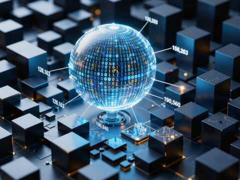 Binary code globe on a circuit board background with data cubes