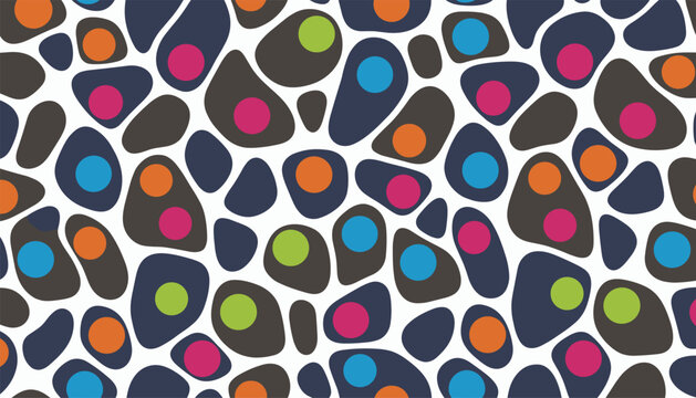 Seamless abstract pattern featuring colorful organic pebble shapes in pink, orange, blue, and green colors.