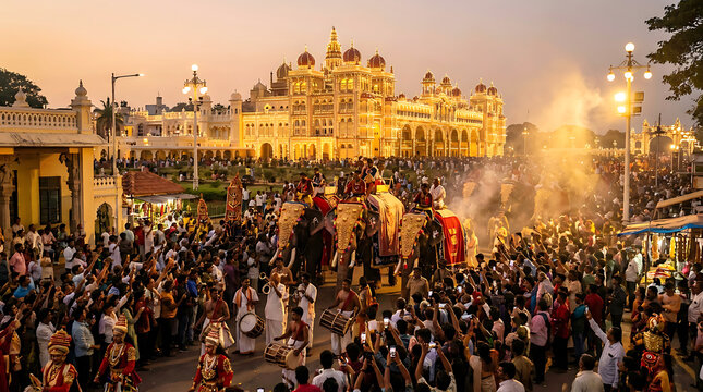 Grand Procession at Mysore Palace during Dasara Festival in India.