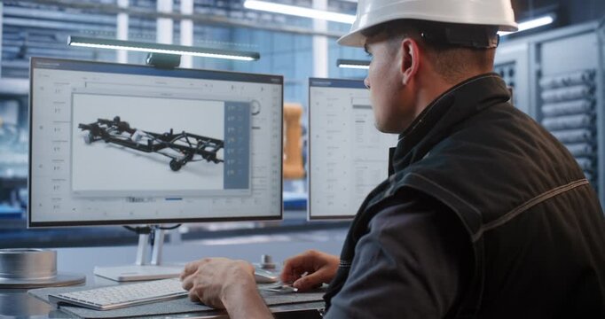 Inside Automated Plant, Male Technician Inspects Machined Metal Part Using Caliper CAD Workstation. Physical Testing and Digital Twin Analysis Drive Modern Car Manufacturing Precision. Robotization.