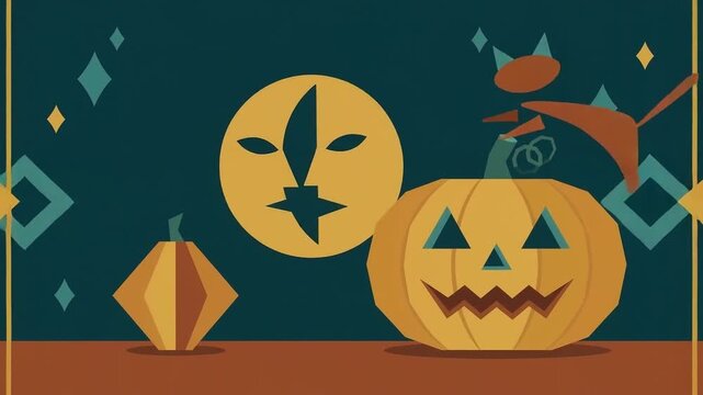 Spooky Halloween Illustration with Jack-o'-lantern Pumpkin, Mysterious Moon Face, and Playful Black Cat in Flat Geometric Style