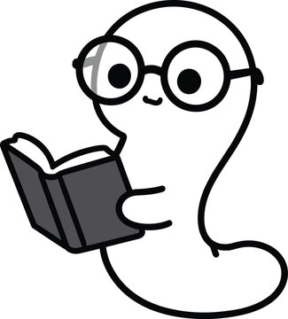 Cartoon bookworm character wearing round glasses reading a book