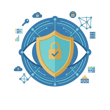 Cybersecurity concept with a shield icon and network diagram, symbolizing data protection and digital security