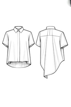 Technical Flat Fashion Sketch of Short Sleeve Button-Down Shirt Front and Back View, Asymmetric High-Low Hemline Vector Line Art