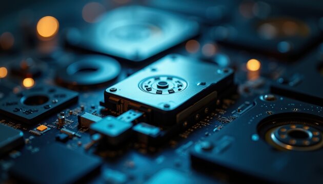Hard drive on high density motherboard with exposed platter, actuator arm, SATA connector, servo traces and thermal heat sink, hard drive nestled among capacitors, chips and glowing LED indicators,