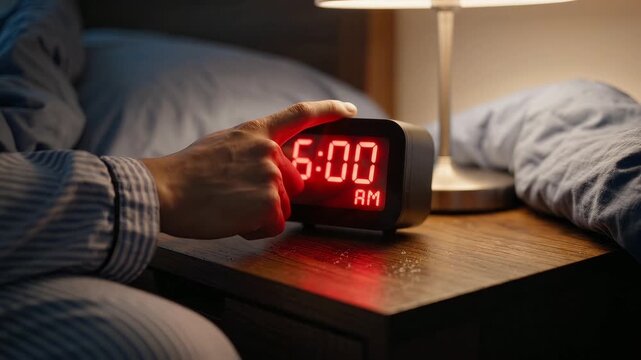 Person Waking Up and Turning Off Alarm Clock at 6 AM in the Morning.