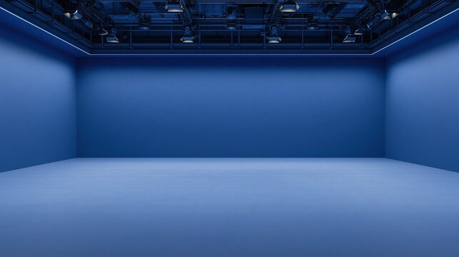 Empty modern blue photography studio room with exposed ceiling lighting rig and clean plain blue walls perfect empty backdrop for product photoshoot and content creation