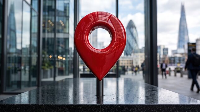 Location pin marker concept photo. Glossy red map pointer sculpture standing on a polished black granite surface. Blurred financial district and modern skyscrapers in the urban city background