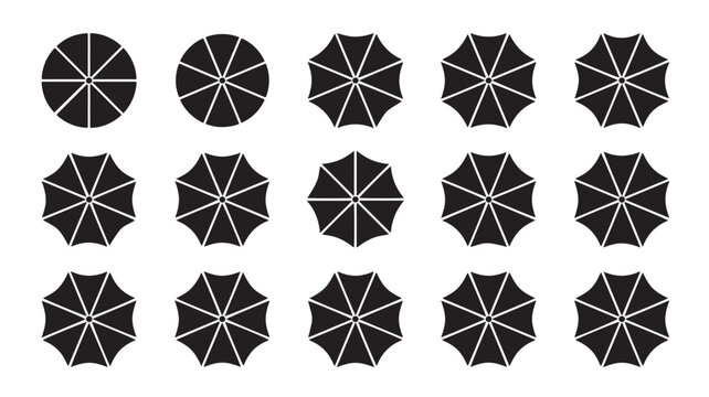 Minimalist beach umbrella icons set, 15 black parasol top view silhouettes, flat vector sunshade symbols for summer vacation and travel maps