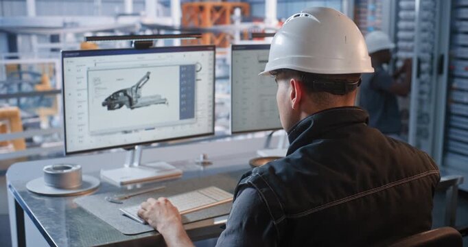 In Glass Control Room, Male Engineer Designs Car Chassis on PC as Robotic Arms Assemble Vehicles on Conveyor Line. Industry 4.0 Technology Drives Factory Efficiency. Concept of Robotization.