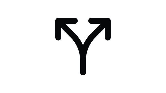 Minimalist black split arrow vector graphic icon showing divergent paths for navigation and conceptual design choices