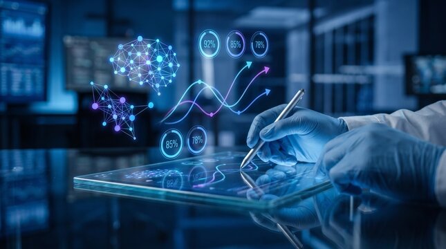 Hands in protective gloves interacting with a glowing holographic tablet, displaying complex data and scientific analysis in a cutting-edge research laboratory, highlighting technological innovation
