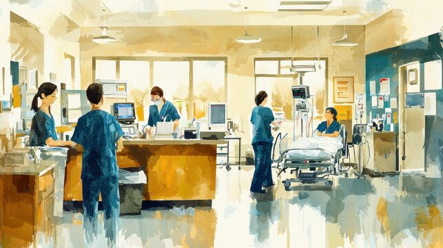 A rural hospital with a busy emergency room, healthcare workers providing care to patients in need.