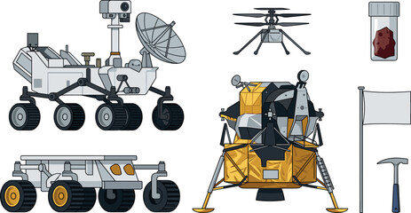 Space Exploration and Mars Mission Vector Set with Planet Rover Lunar Lander Drone Helicopter Sample Jar Flag and Scientific Tools © Mst Rebeka