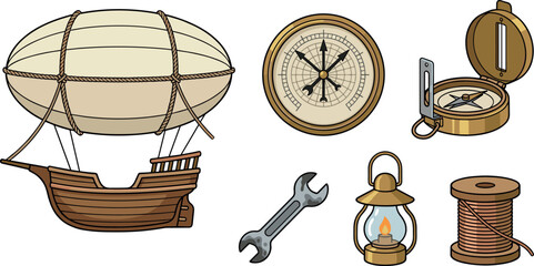 Steampunk Flying Airship and Vintage Navigation Equipment Vector Set with Antique Barometer Brass Compass Lantern Metal Wrench and Cable Spool © Mst Rebeka