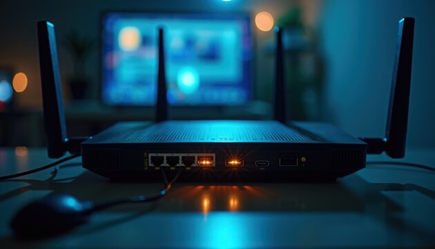 Wireless router on desk with glowing status LEDs, four ethernet ports and dual antennas, wireless router illuminated in low light with bokeh background and connected cables,
