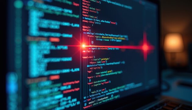 computer code on laptop screen with colorful syntax highlighting and bokeh background, IDE window showing functions, variables, debug markers and terminal output,