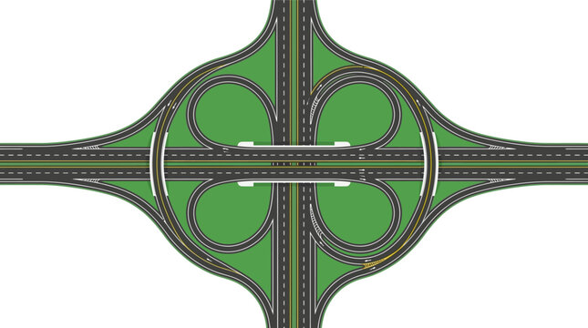 Aerial view of a modern highway cloverleaf interchange illustration