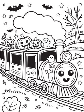 line art Halloween Trick-or-Treat Train vector illustration isolated on white background