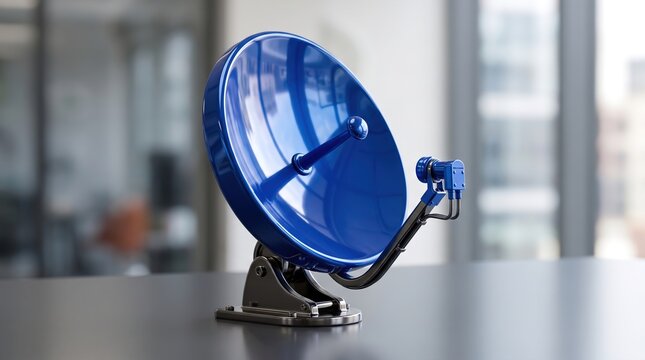 Blue satellite dish model on a desk. Glossy parabolic antenna with feed horn and metal mount. Telecommunication and broadcasting concept photo for technology presentations and web design