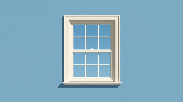 Minimal clean white grid sash window on light blue building wall simple modern exterior architectural design with bright clear sky seen through glass panes