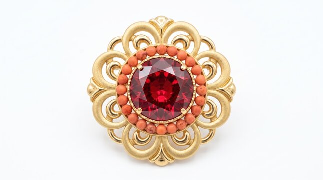 Elegant rose gold ring with large red ruby stone and floral details