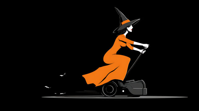 Witch with pointed hat riding a broom, purple magical smoke around her