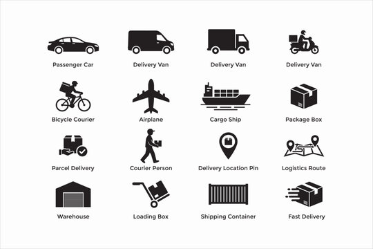 Logistics and delivery icon set with labels. Vector illustration for shipping, courier transport, warehouse, and supply chain UI.