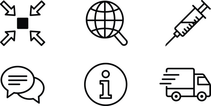 Universal Line Icon Set with Meeting Focus Global Search Syringe Vaccine Speech Bubble Information Sign and Fast Shipping Delivery Truck Vector Symbols