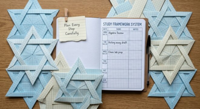 Open Study Notebook with Task Schedule and Geometric Star Decoration