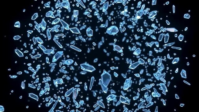 Abstract ice shards exploding and moving around a central point on a black background loop animation.