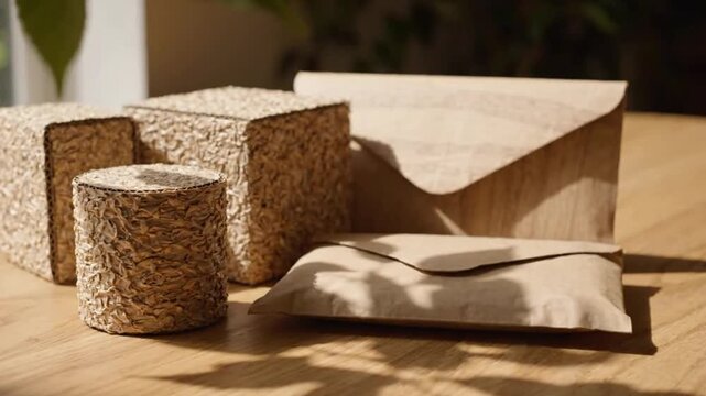 Sustainable recycled cardboard packaging boxes and paper envelopes arranged on wooden table sunlight motion animation for eco friendly brand commercial footage